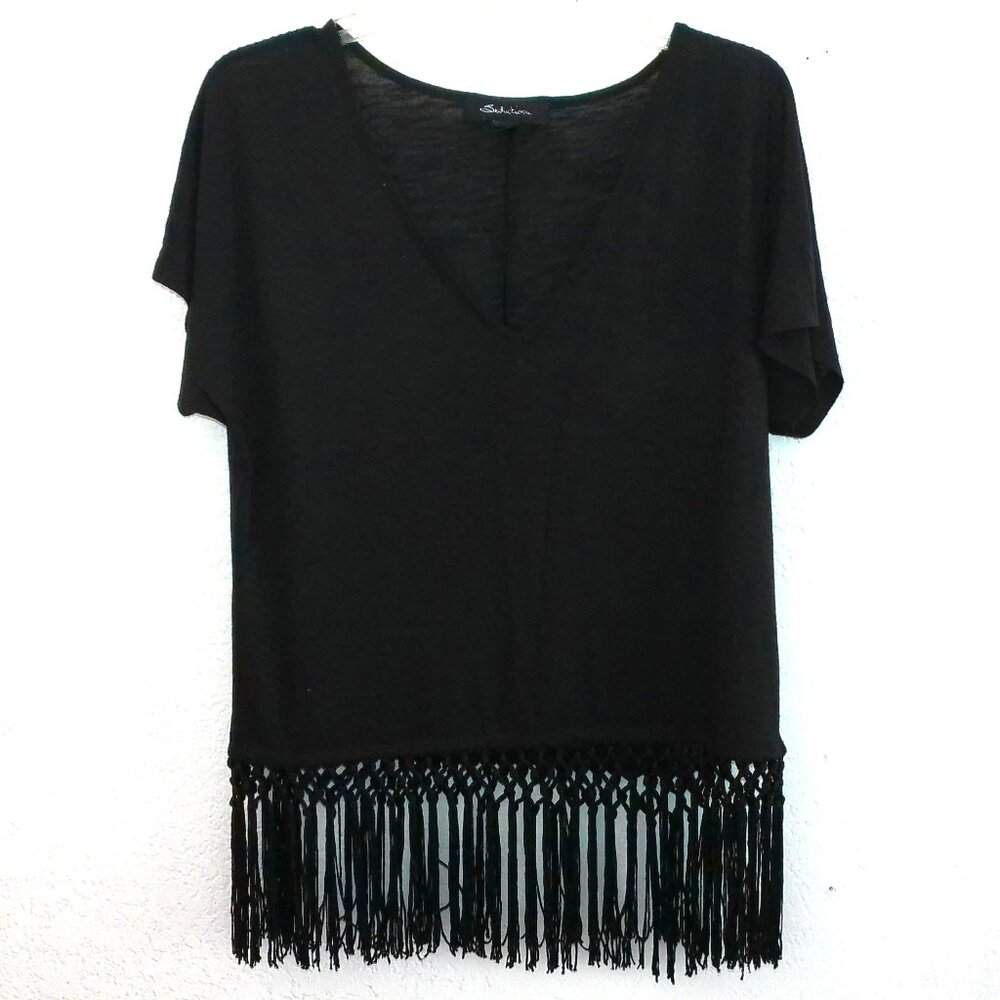 Seductions,  Black V-neck T-Shirt with fringes design
